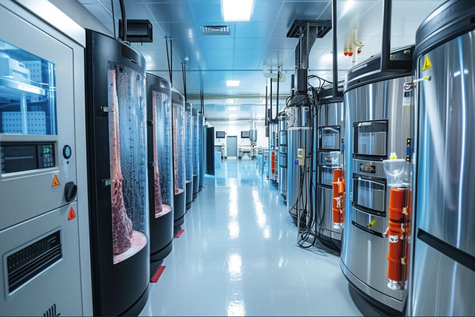 A state-of-the-art laboratory with bioreactors cultivating lab-grown meat showcasing the cultivation tanks and scientific equipment used to grow meat from cells emphasizing the technologys