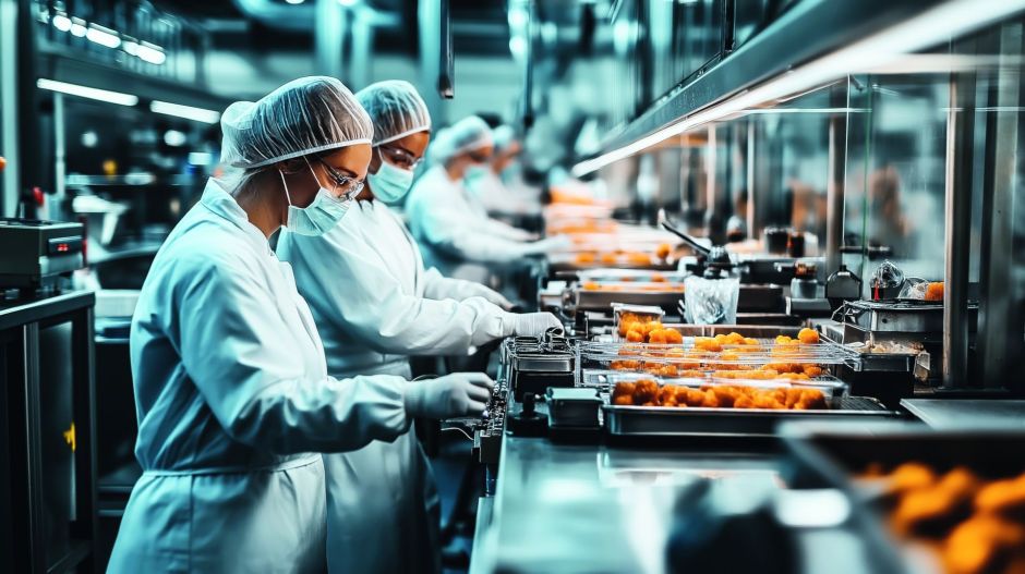 Arbeiter in Schutzkleidung während der Produktion von Lebensmitteln an einem Tisch