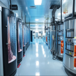A state-of-the-art laboratory with bioreactors cultivating lab-grown meat showcasing the cultivation tanks and scientific equipment used to grow meat from cells emphasizing the technologys